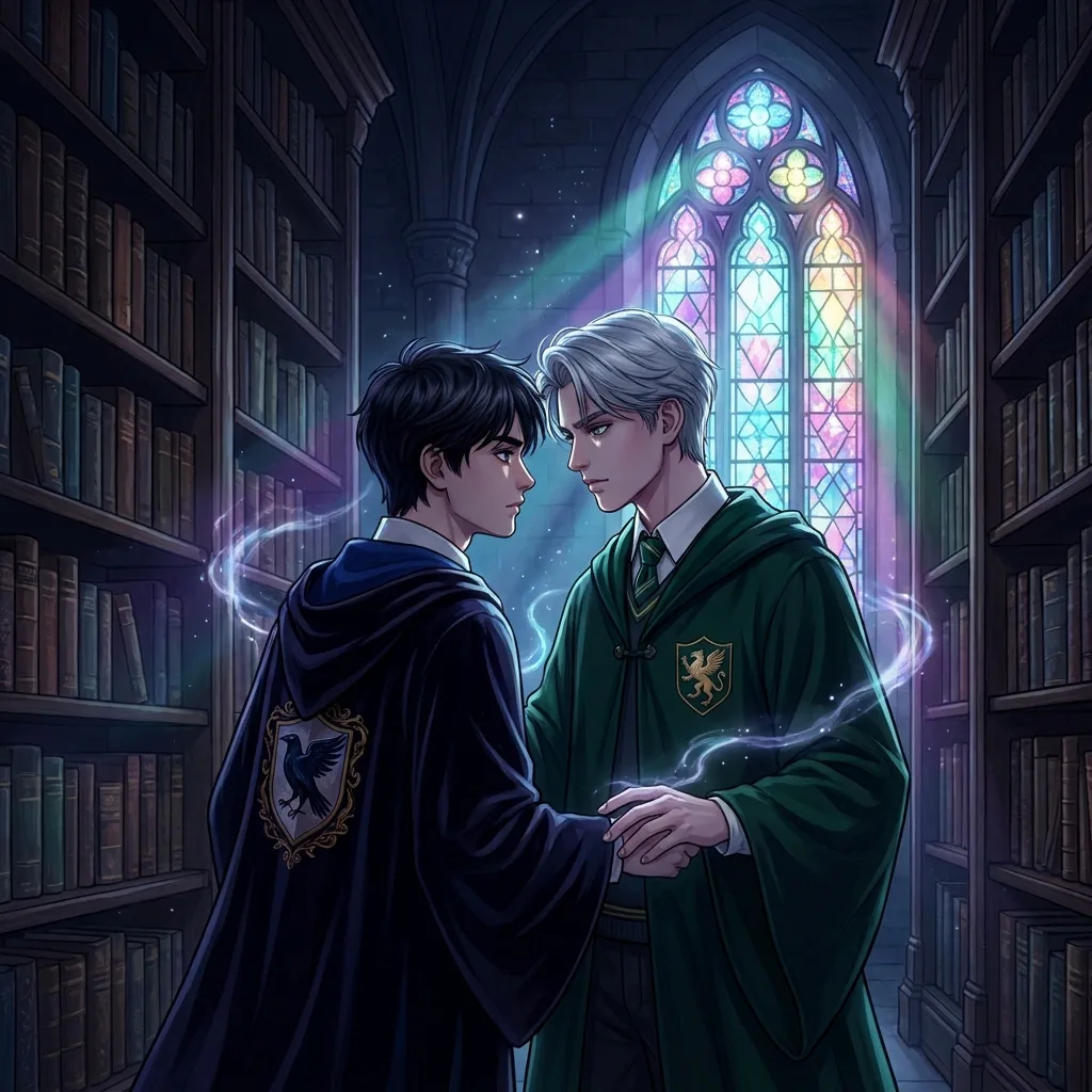 Two rival wizards meeting in a moonlit library